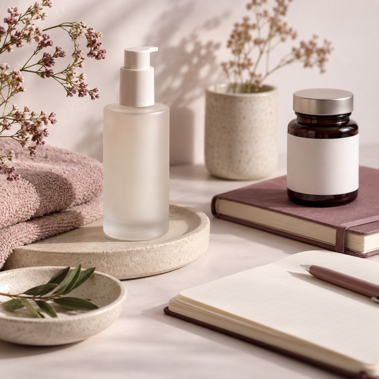 Flacon de soin, linge doux et carnet pour illustrer peau, compléments et prévention.